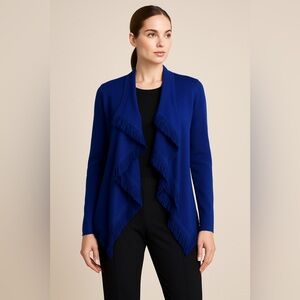 St.John Royal Blue Fringe Cascade Open Cardigan Lagenlook Size M Wool Blend
